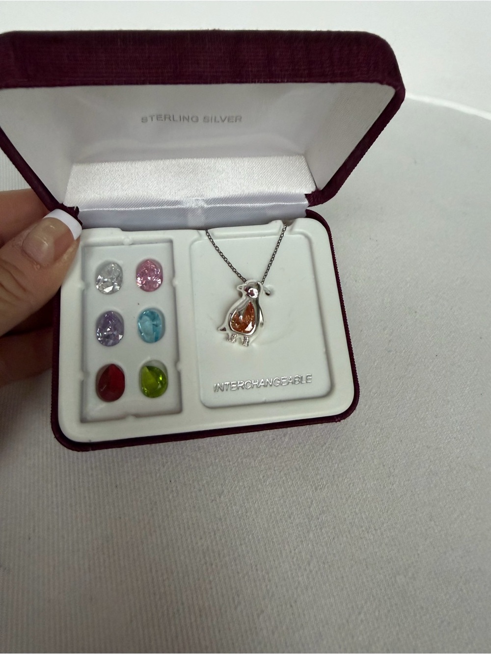 Sterling Silver Penguin Pendant Necklace with Interchangeable Gem